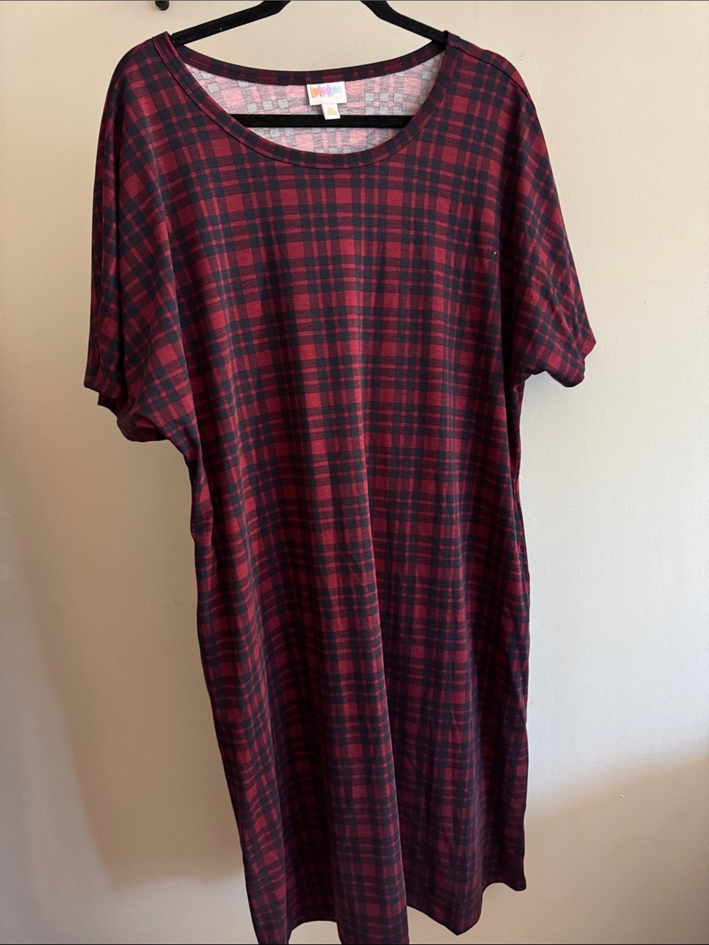 LuLaRoe Red and Navy Plaid T-Shirt Dress